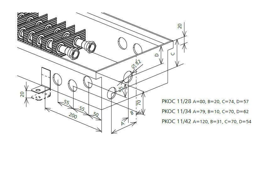 Rysunek techniczny konwektora PKOC Rysunek techniczny konwektora PKOC