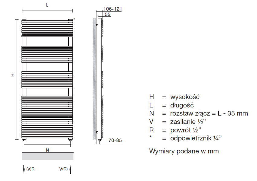 Rysunek techniczny grzejnika Sfera Rysunek techniczny grzejnika Sfera
